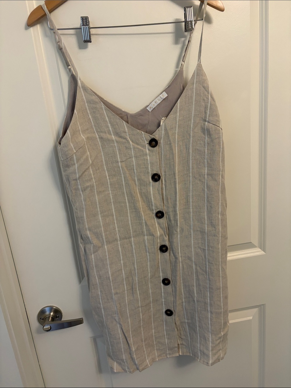 Karlie Beige and White Striped Button-Front Mini Dress